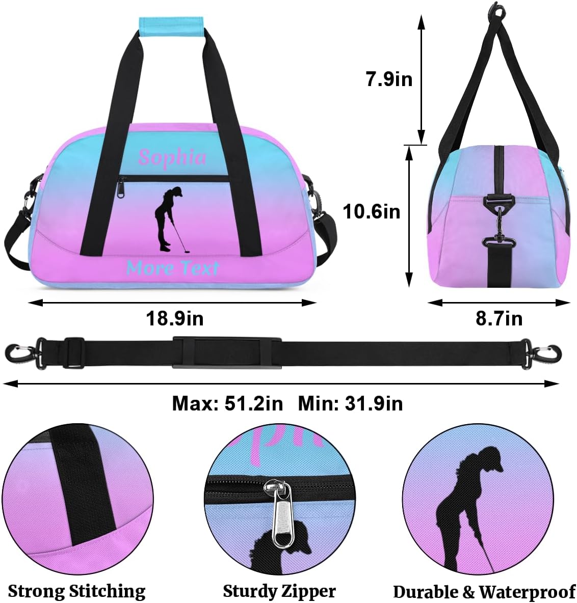 Personalized Kids Gym Bag for Girls Custom Name Sports Duffel Bag Weekender Overnight Travel Bags Pink Golf Gifts