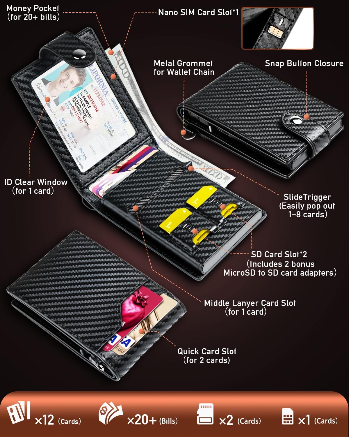 LIUGX Mens Wallet Set with Keychain, Slim Bifold Leather RFID Minimalist Wallet with Pop Up Card Holder, Holds 20 Cash Bills & 12 Cards, SD & Nano Sim Slots, Snap Closure, Carbon Fiber Black - Image 2