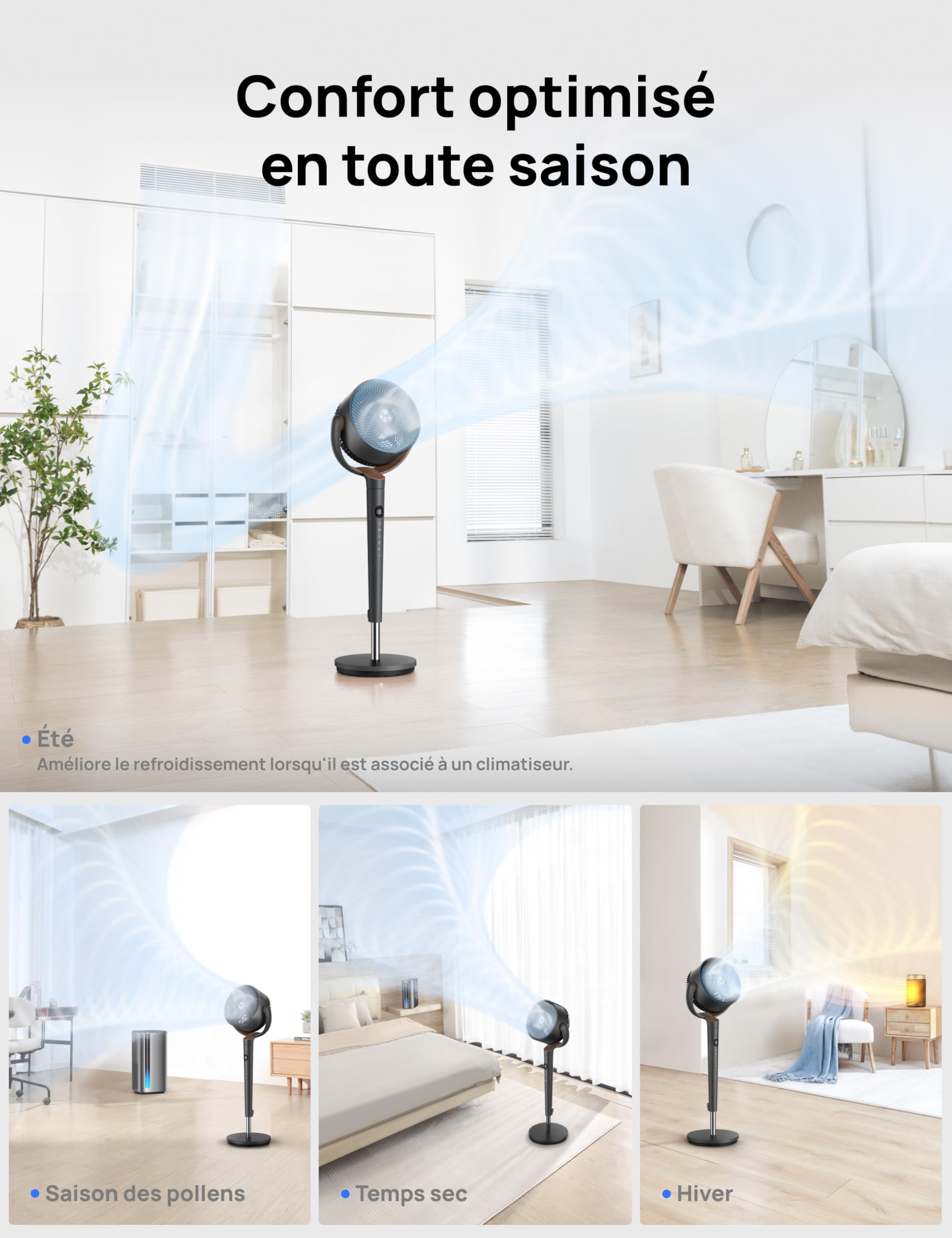 DREO ventilateur sur pied très silencieux avec télécommande, ventilateur grand format 20 dB avec moteur CC, oscillation 120°, 3 modes, hauteur réglable 94–107 cm, ventilateur de sol TurboPoly™ 512