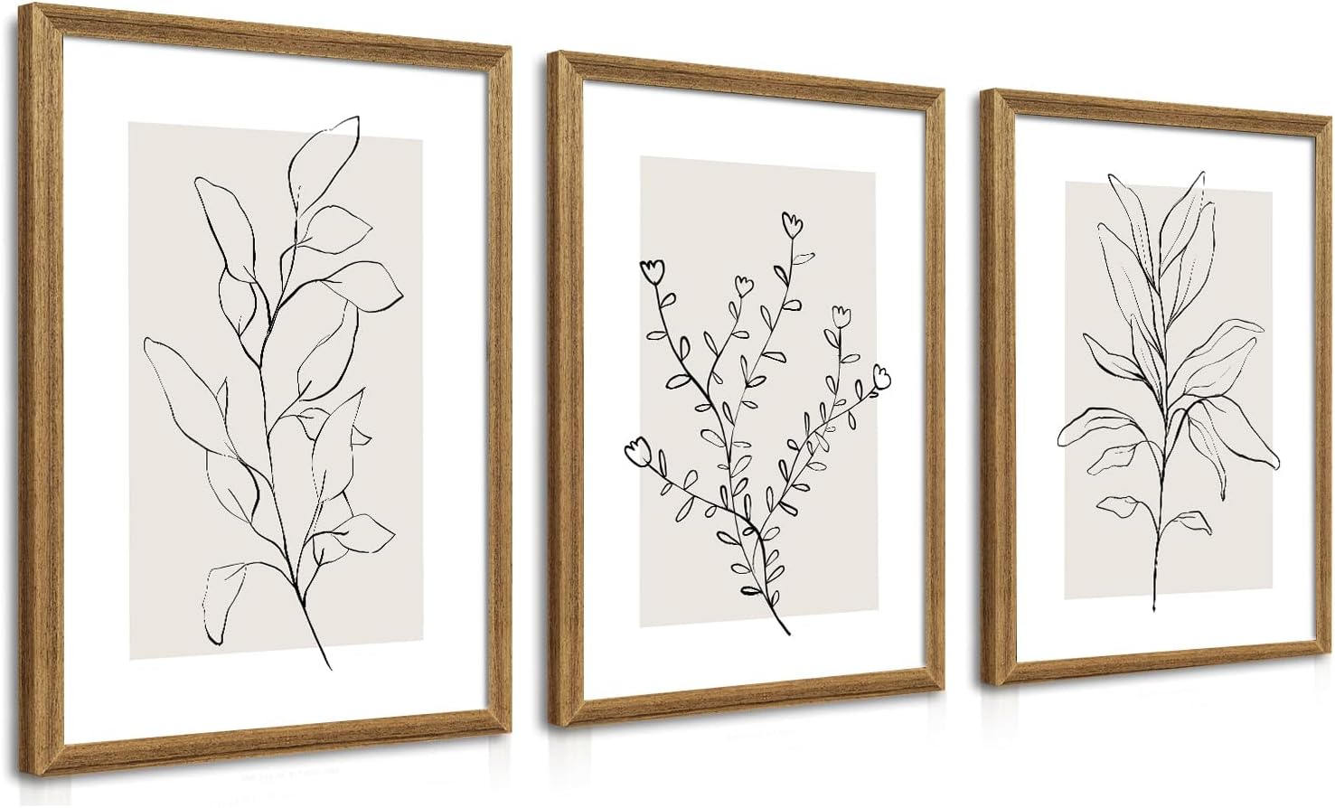 WRFON Framed Botanical Wall Art Set of 3, 12x16 Minimalist Line Art Canvas Prints with Light Natural Wood Frame, Neutral Gallery Wall Decor for Hallway, Entryway, Apartment or Bedroom