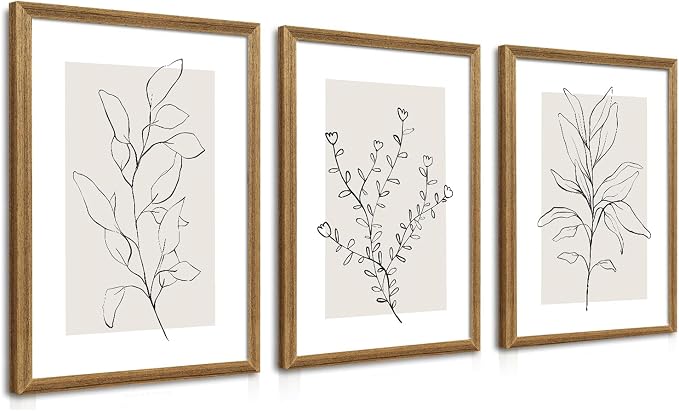 WRFON Framed Botanical Wall Art Set of 3, 12x16 Minimalist Line Art Canvas Prints with Light Natural Wood Frame, Neutral Gallery Wall Decor for Hallway, Entryway, Apartment or Bedroom