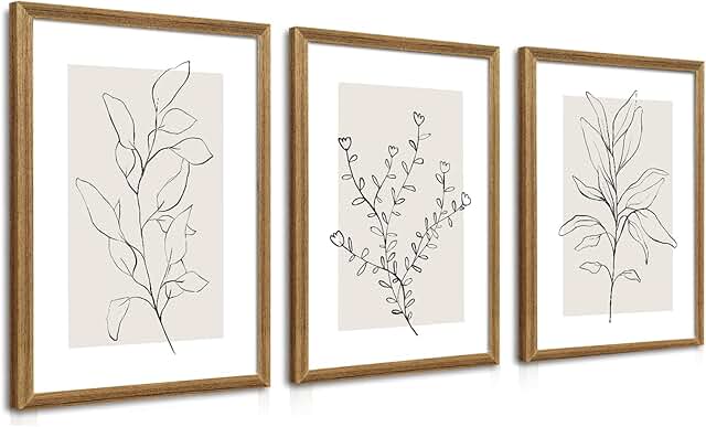 WRFON Framed Botanical Wall Art Set of 3, 12x16 Minimalist Line Art Canv...