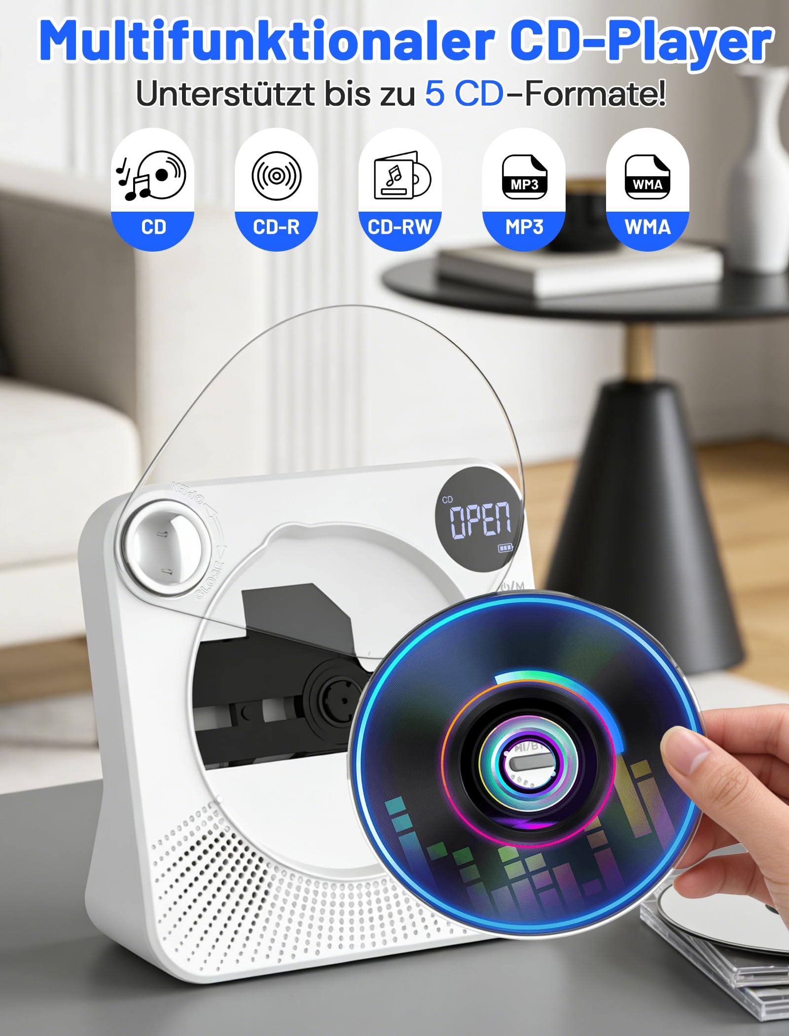 Tragbarer CD-Player 4000mAh Wiederaufladbar, Bluetooth 5.1 mit Stereo-Lautsprechern, Fernbedienung, Staubschutz-Schiebedeckel, Anti-Skip, AUX/USB, CD Spieler für Zuhause & Unterwegs - Weiß