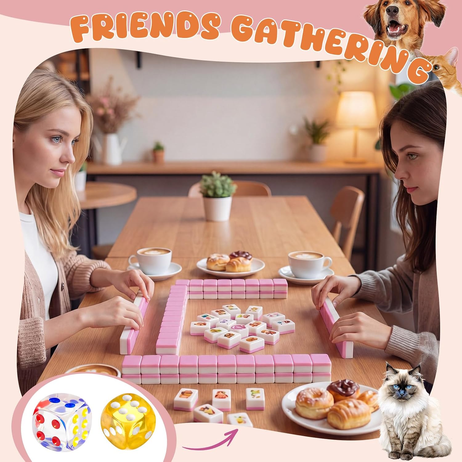 Hollowfly 2 Player Mahjong Block Set with Storage Bags 65 Tiles 30 mm Mahjong Push Tile Game with Animals Pattern No DIY Required for Friend Family Game Night Party Gift