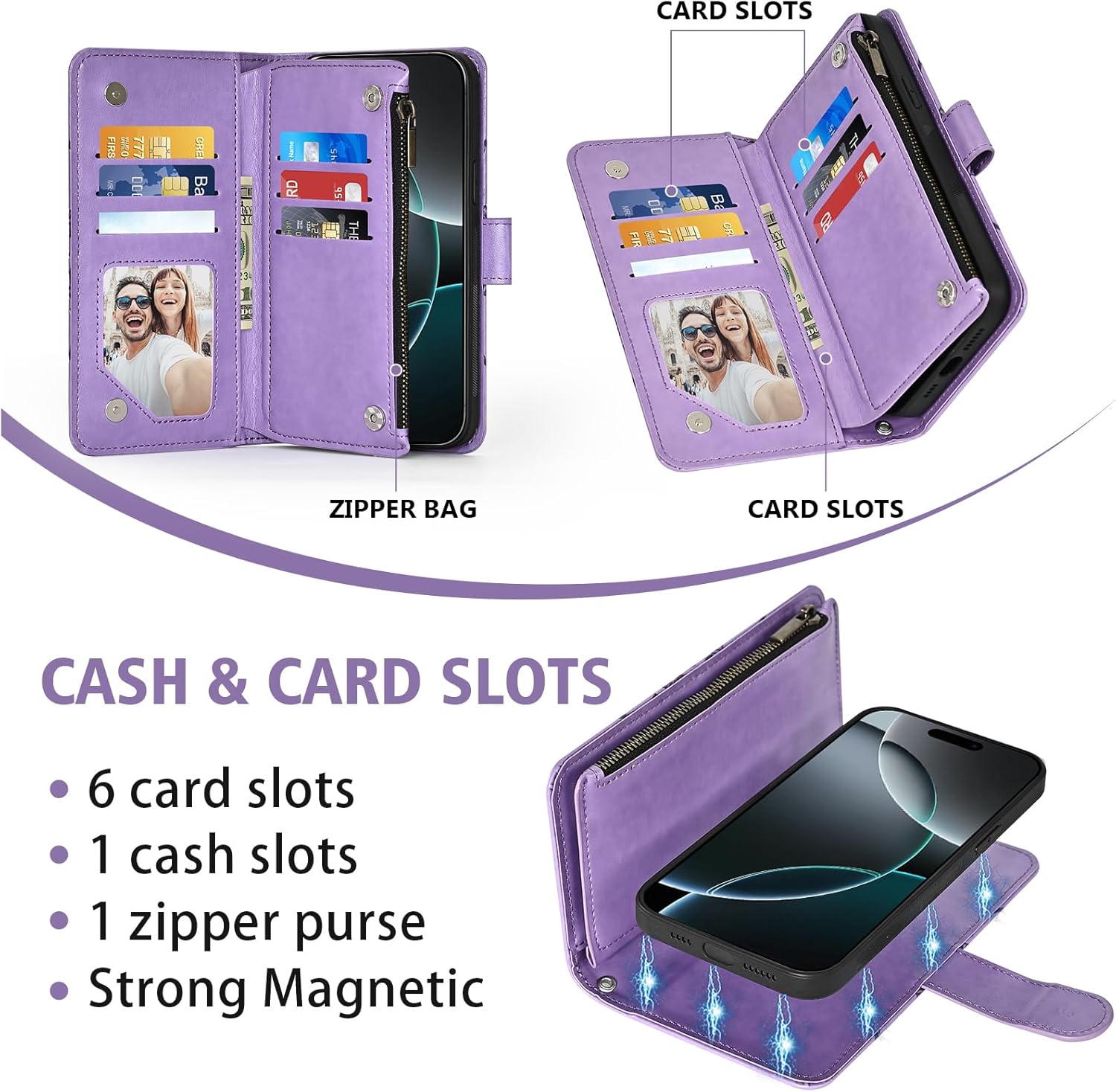 Asuwish Phone Case for iPhone 17 Pro 6.3 inch Zipper Wallet Detachable Cell Cover with Tempered Glass Screen Protector Crossbody Strap Flower Flip Card Holder i Phone17 i17 17Pro Women Girls Purple