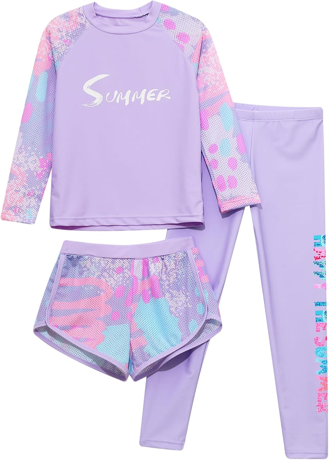 Child Girls Boys 3 Pcs Rash Guard Sets Athletic Swimsuit UPF 50+ Swim Top Brief with Leggings