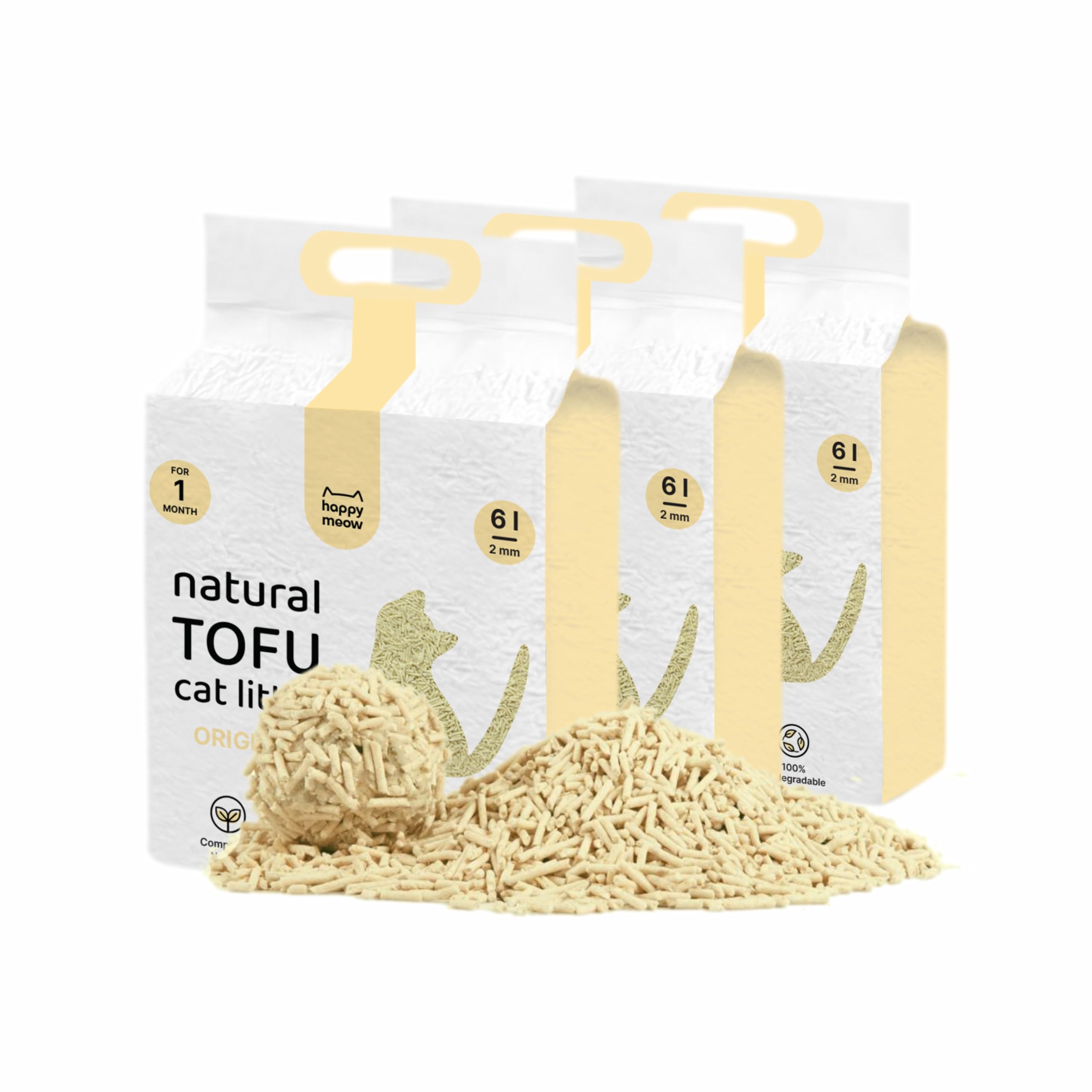 HAPPY MEOW Arena Aglomerante para Gatos Tofu 7.5 KG/18l Arena Tofu 100% Natural e Biodegradable Fórmula Libre de Polvo Original (Vainilla)