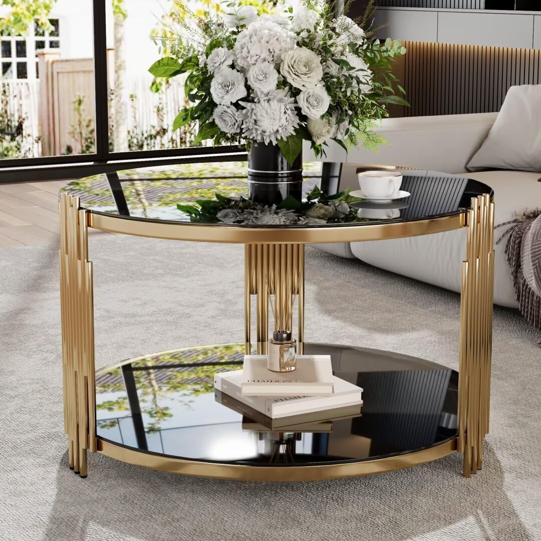 Round Black Glass Coffee Table, Mirror Coffee Table with Lower Shelf, Asymmetrical Metal, Circular Metal Drum Base, Gold Finish & Lower, Center Tables for Living Room, Black and Gold