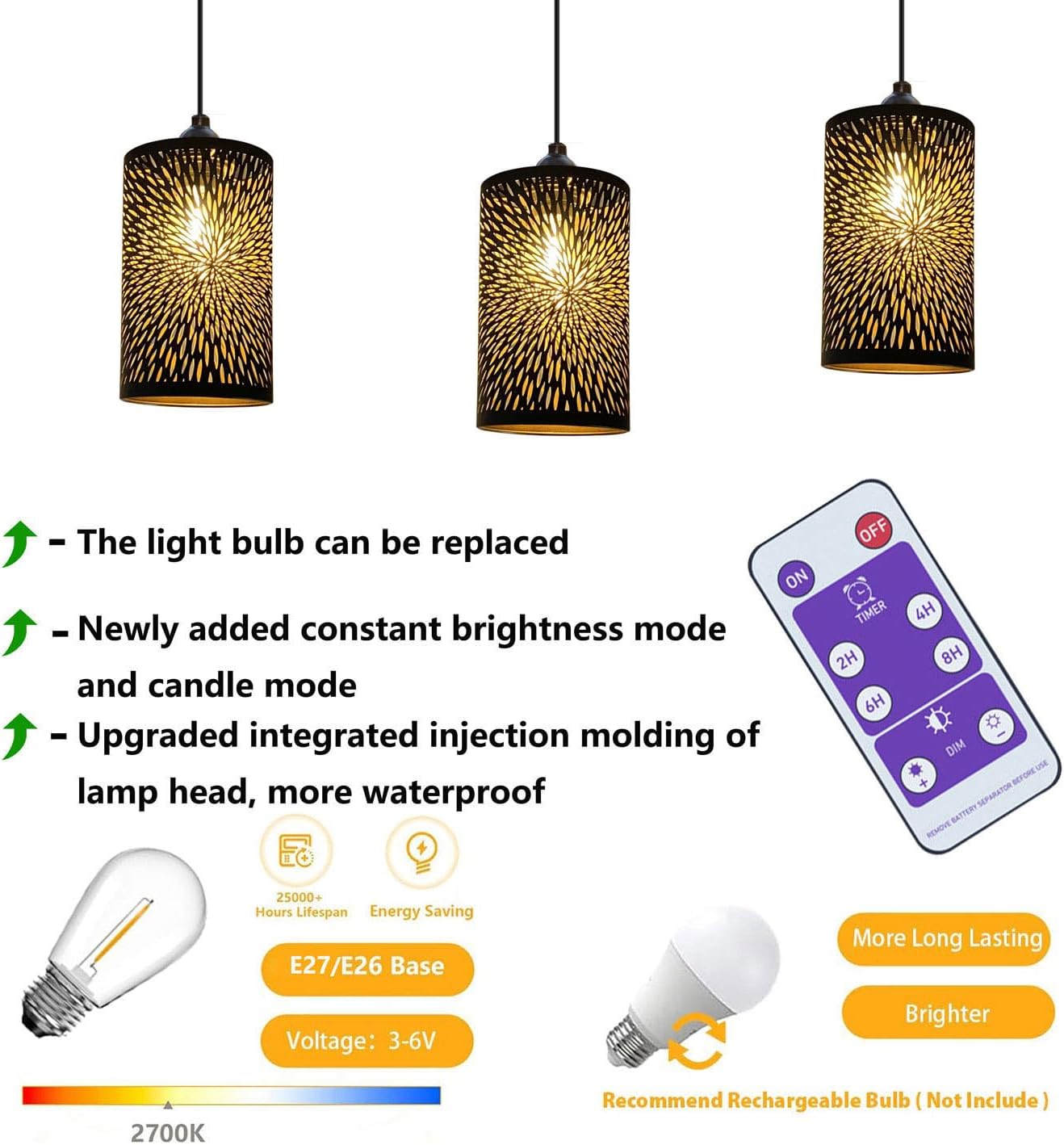 2X Battery Operated Chandelier Outdoor Battery Powered Hanging Pendant Light Gazebo Lights Waterproof Night Lighting for Pergola Porch Patio Christmas Party Decor, AA Batterie No Include
