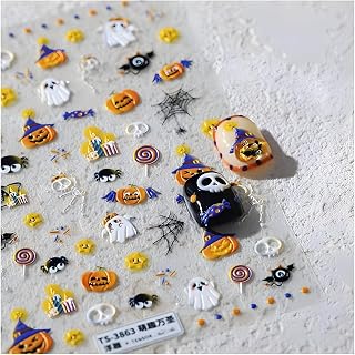 Halloween Nail Stickers Pumpkin Star Nail Sticker for Nail Art Spider Skeleton Nail Decals with Cute Ghost Design 5D Self-Adhesive Spider Web Nails Supplies Accessories Decoration for Women and Girls
