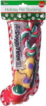 Christmas Stocking for Dogs. Squeaky newspaper toy, squeaky boot toy, a red, green and white tennis ball and a red, white and green cotton knotted rope.