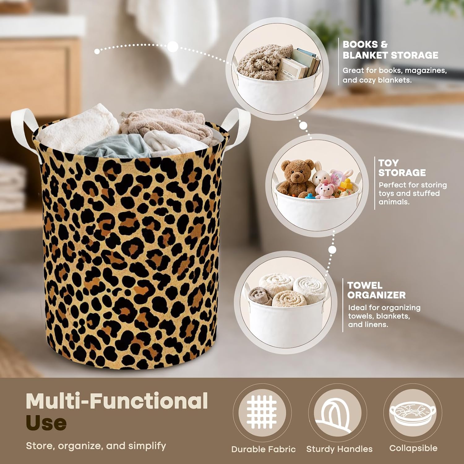 Leopard Print Laundry Basket, Cheetah Print Bathroom Decor, Trendy Retro Cheetah Laundry Hamper Waterproof Storage Bin Organizer for Girls Bathroom Bedroom Clothes image 3