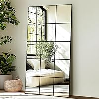 Delma 28x55 Full Length Window Pane Mirror - Black Metal Frame, Distortion-Free Wall Mounted or Leaning Decor for Bedroom, Living Room