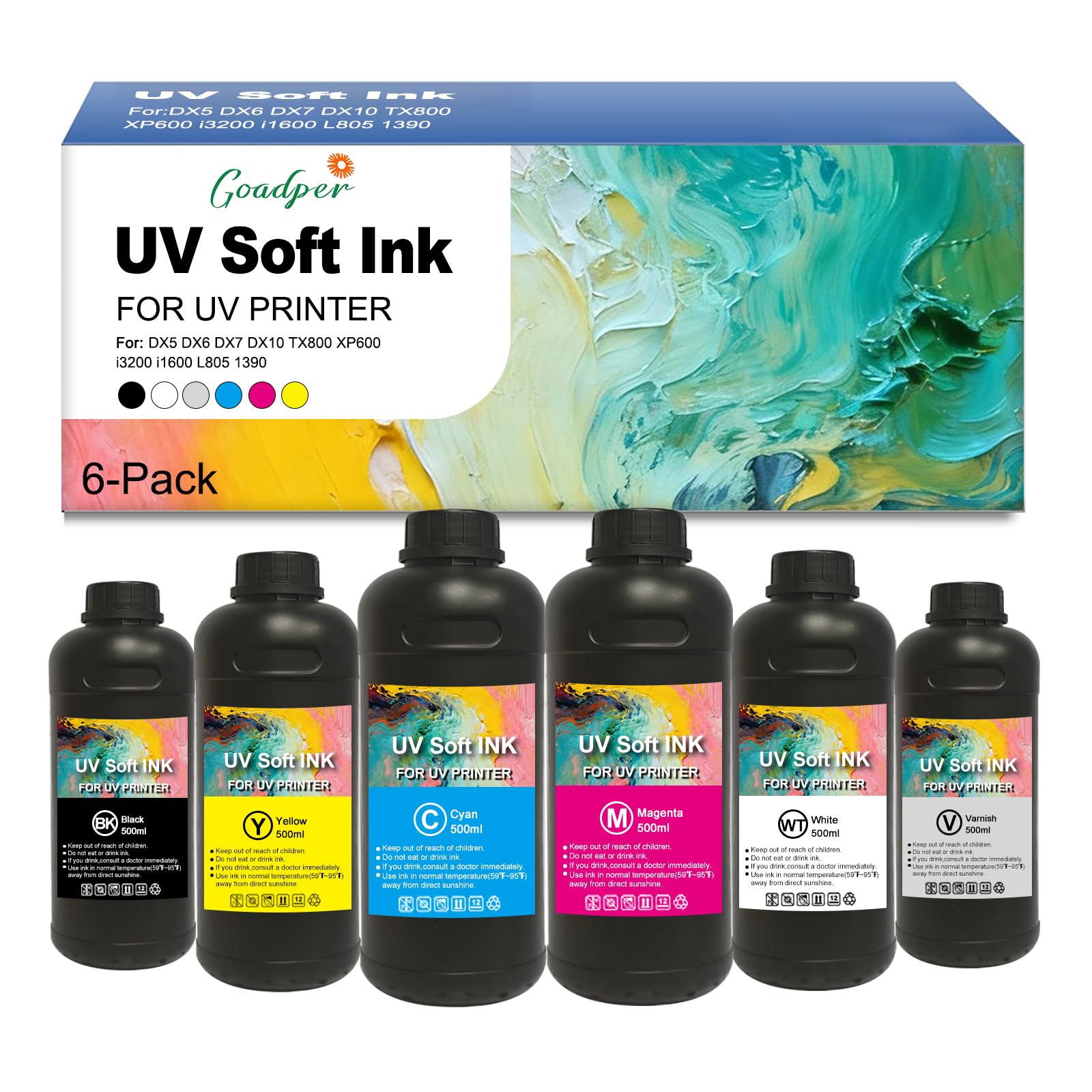 Inchiostro UV morbido 500 ML per UV Soft Ink compatibile con TX800 XP600 DX4 DX5 DX6 DX7 DX10 i3200 i1600 L805 1390 con PVC, tessuti, pelle (6 confezioni da