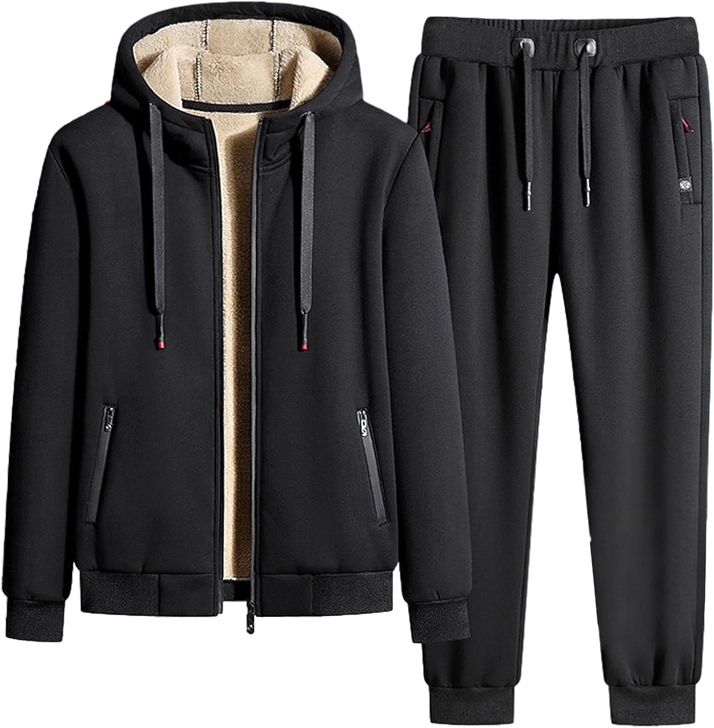 Jamron Mens Winter Fleece Lined Cotton Tracksuit Set Full Zip Hooded Jacket and Joggers Sweatpants with Zip Pockets