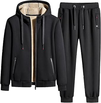 ANUFER Mens Winter Fleece Lined Cotton Tracksuit Set Full Zip Hooded Jacket and Joggers Sweatpants with Zip Pockets