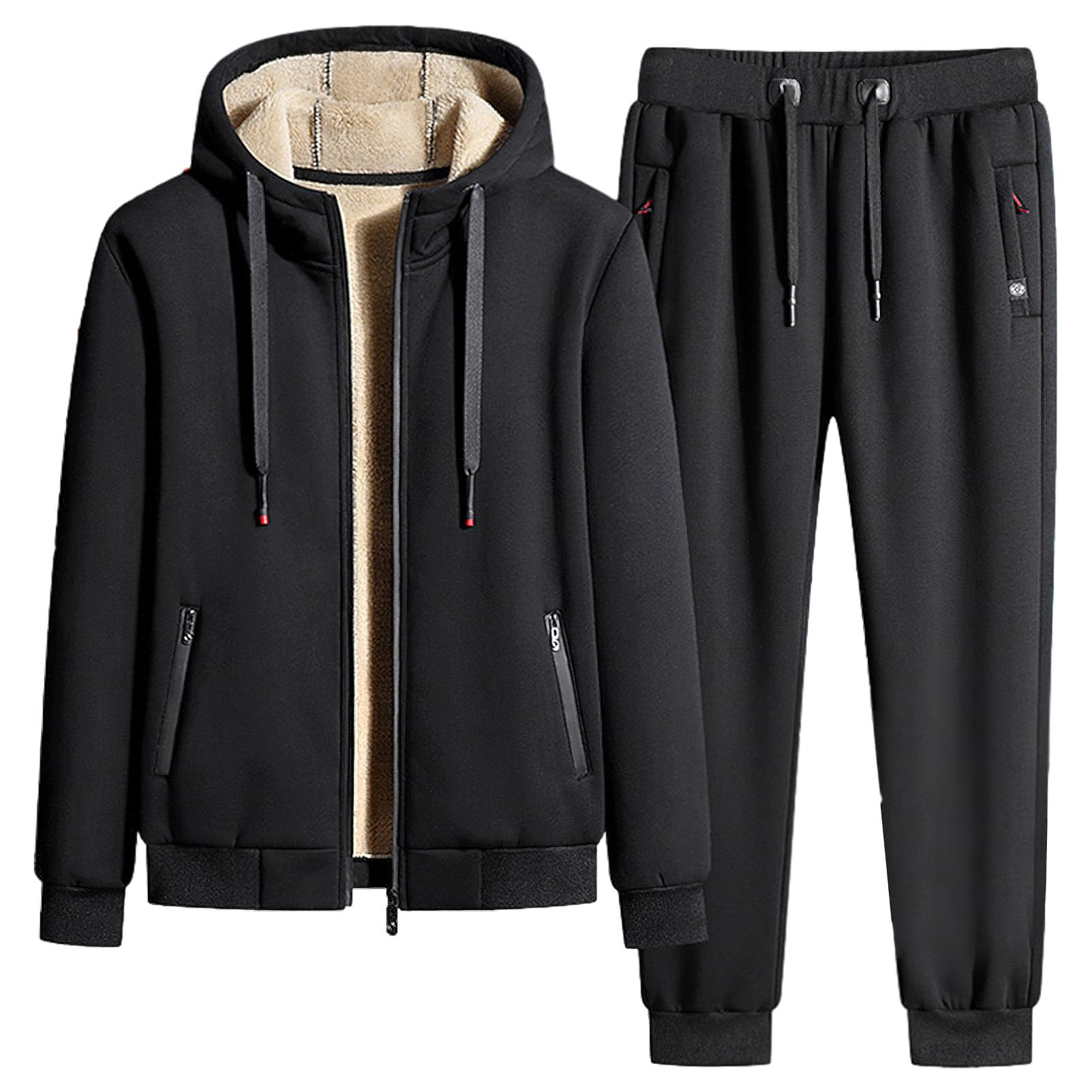 Homme Hiver Ensemble de Survêtement en Coton Doublé de Polaire Veste à Capuche et Pantalon de Jogging avec Poches Zippées