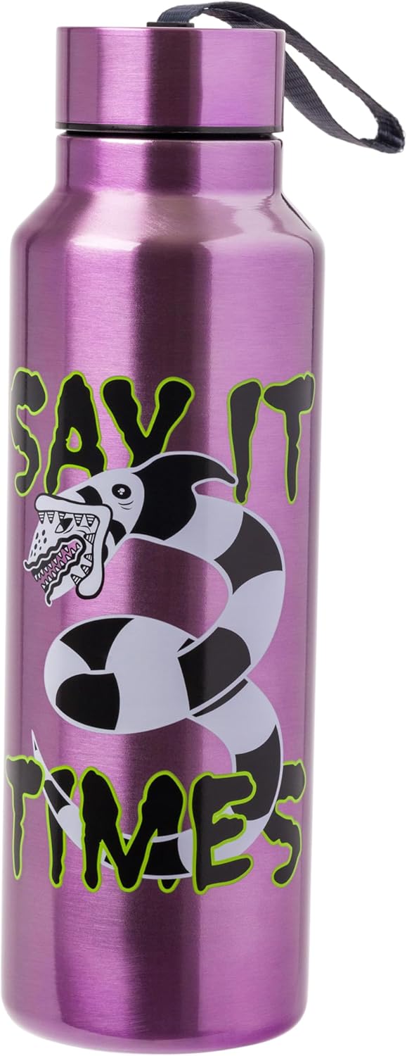 Silver Buffalo Beetlejuice “Say it Three Times” Featuring Sandworm Stainless Steel Water Bottle with Strap, 27 Ounces