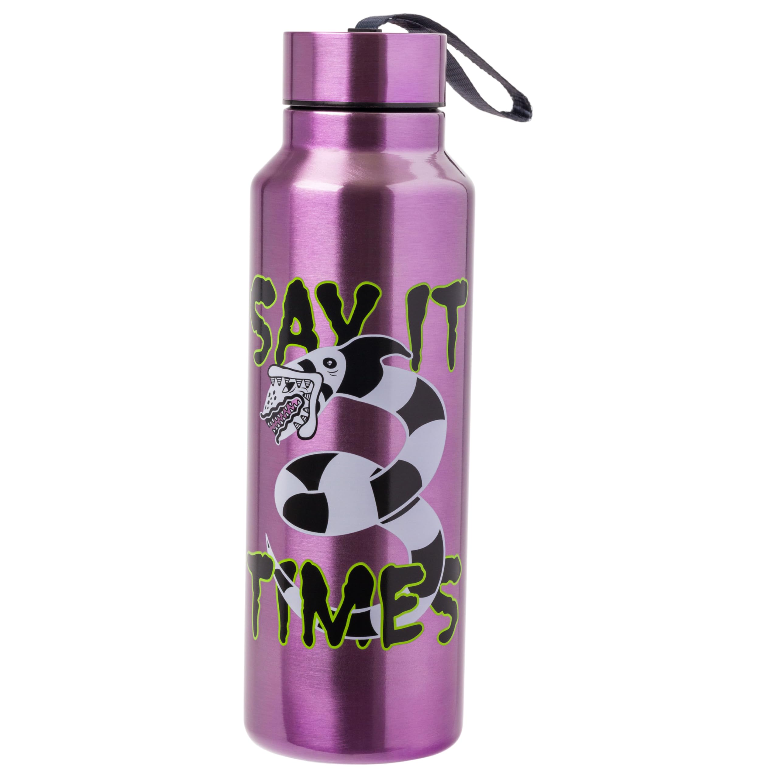 Beetlejuice “Say it Three Times” Featuring Sandworm Stainless Steel Water Bottle with Strap, 27 Ounces