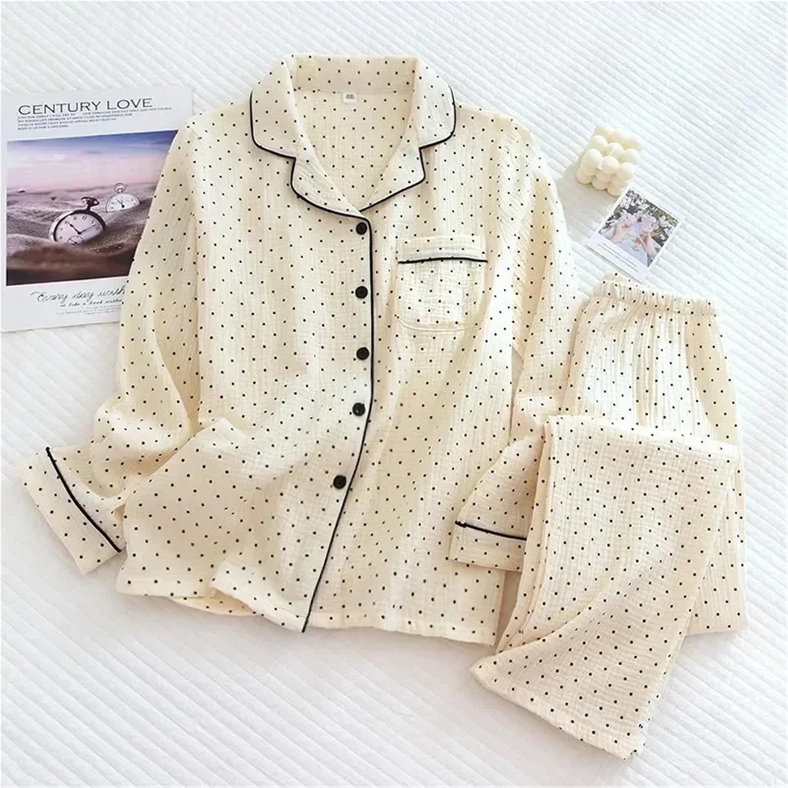 Pijamas de Gasa algodón for Mujer, Ropa Dormir con Dibujo Lunares, Conjunto 2 Piezas for Primavera, for, Verano para Descanso en casa