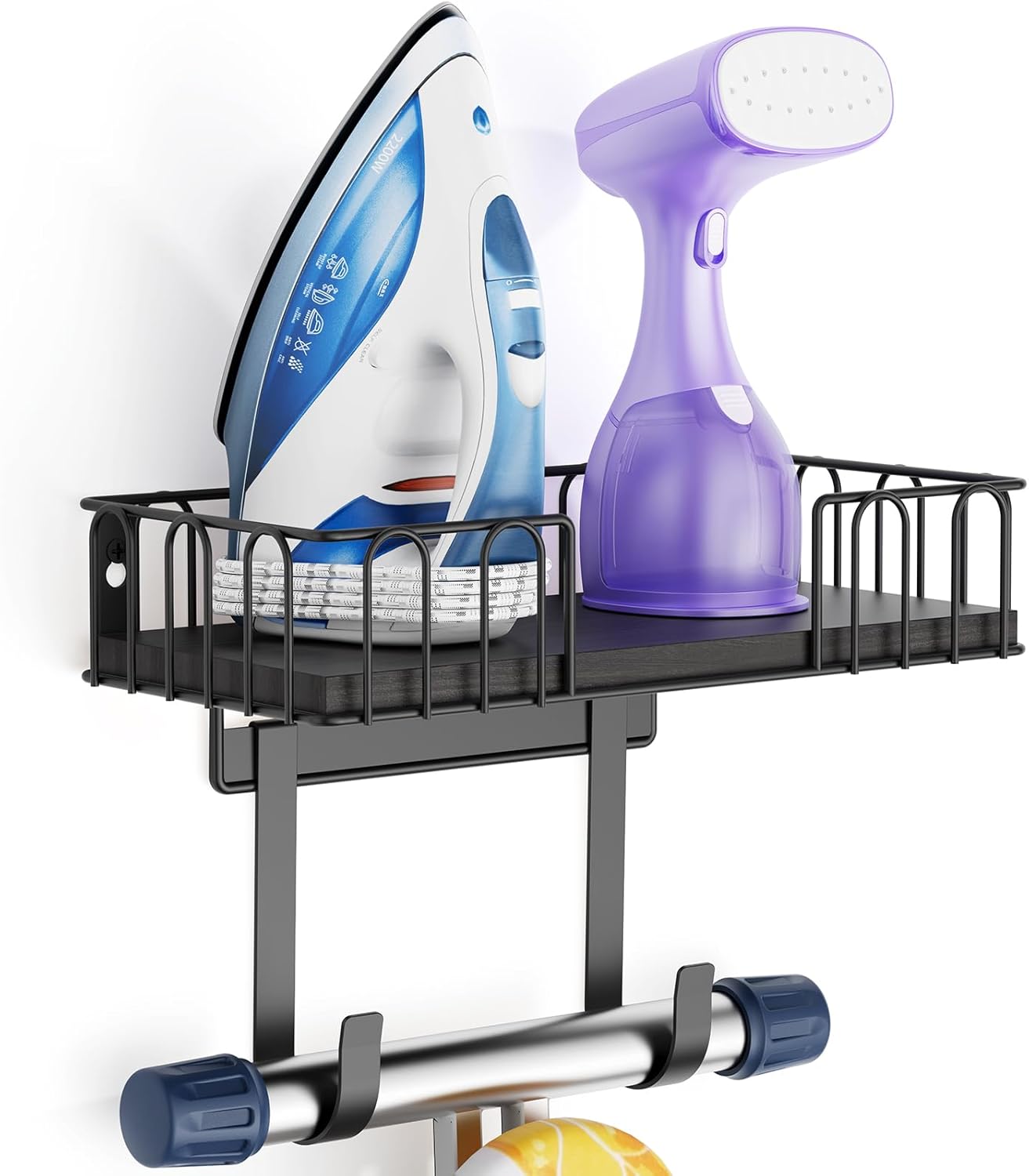 ORLESS Ironing Board Hanger Metal Wall Mount Iron and Ironing Board Holder, Laundry Room Decor and Storage with Large Storage Black Wooden Base Basket