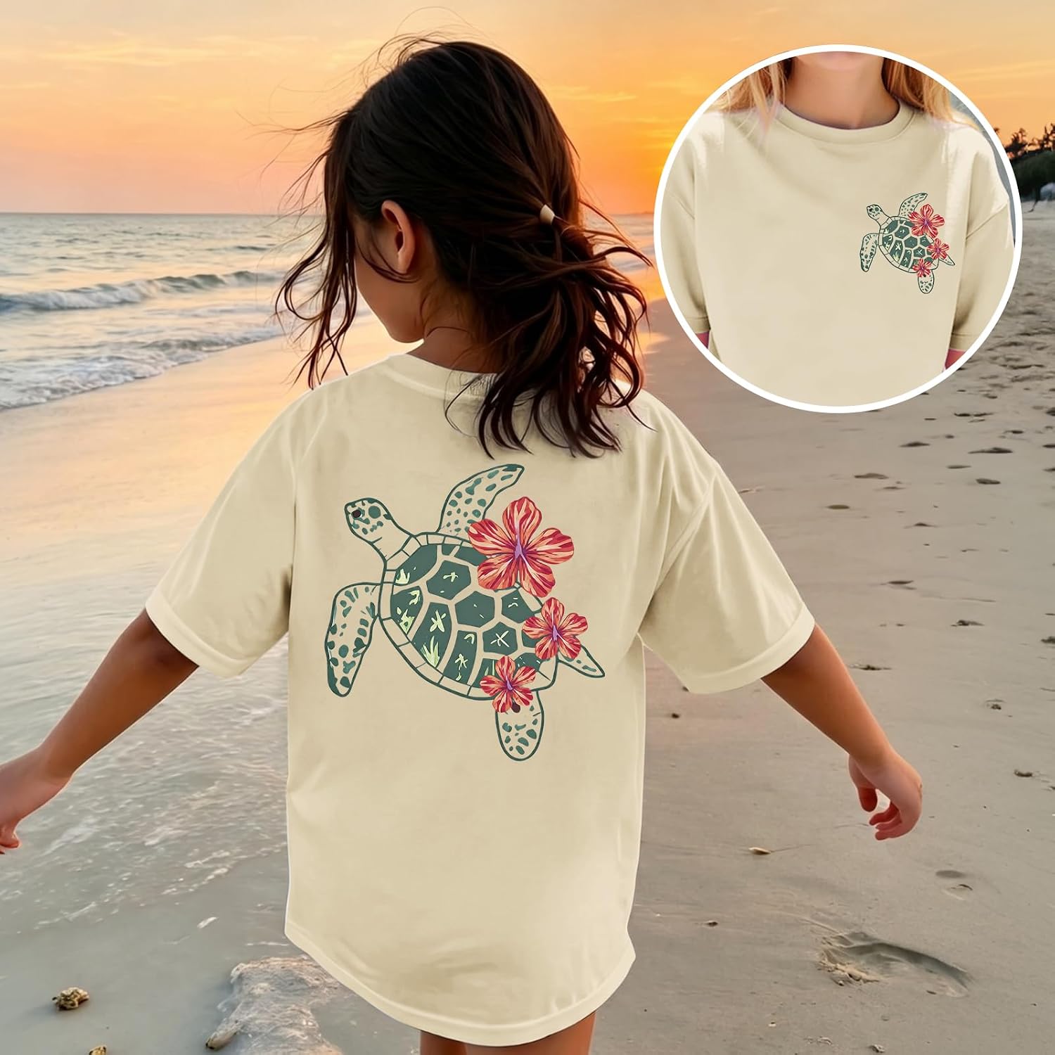 Girls Hawaiian Shirt Beach Summer Vibes Shirts Hibiscus Flower Sea Turtle Graphic Tees Tropical Vacation Cotton Tops