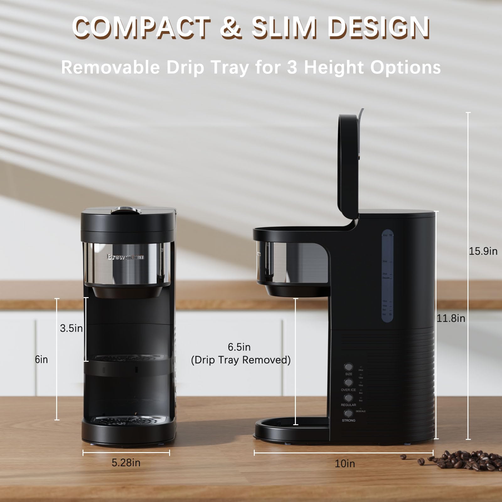 Single Serve Hot & Iced Coffee Maker, for K Cup Pod and Grounds, 6 to 24oz Brew Size, Slim Compact for Small Spaces, Descaling Reminder, with Reusable Filters, Black - 4