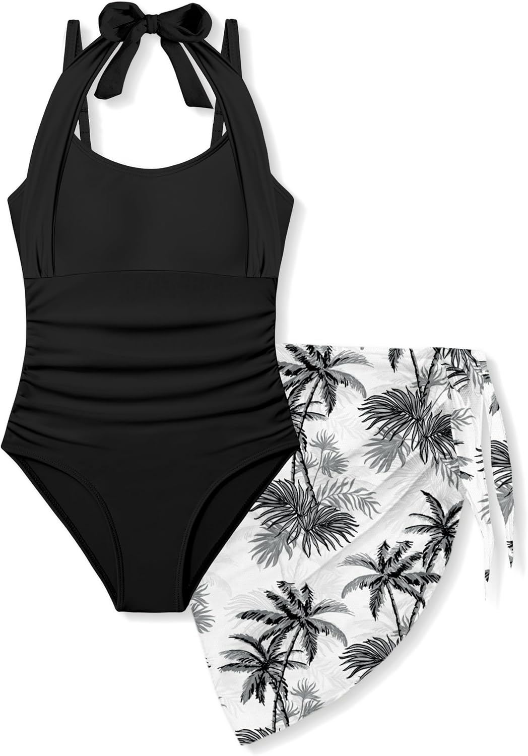 Girls Swimsuit Halter Neck One Piece Bathing Suit with Tropical Printed Cover Up Skirt Girls' Swimwear Set 7-18Y