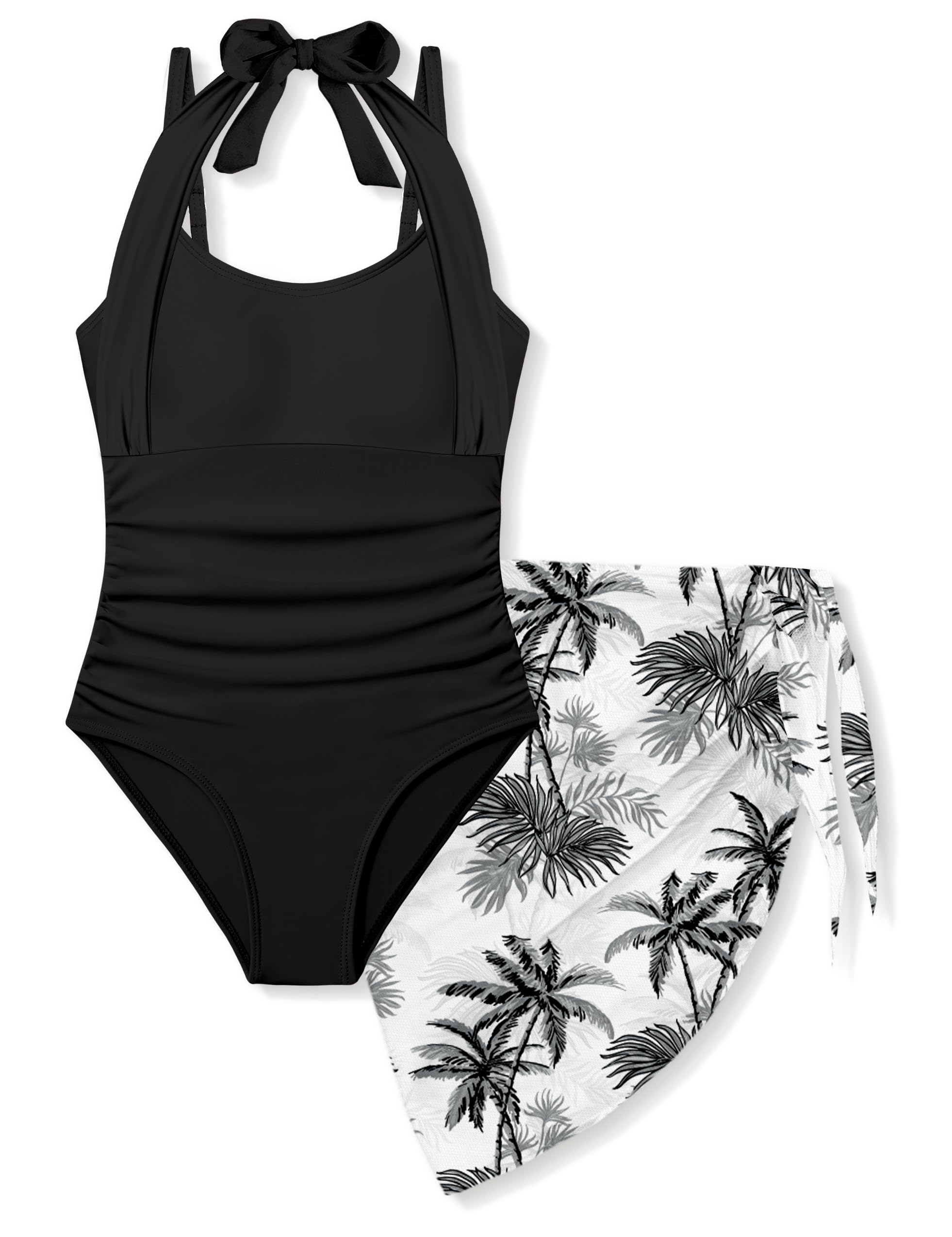 Girls Swimsuit Set - Halter Neck One Piece Bathing Suit with Tropical Cover Up Skirt Swimwear for Kids 7-18Y