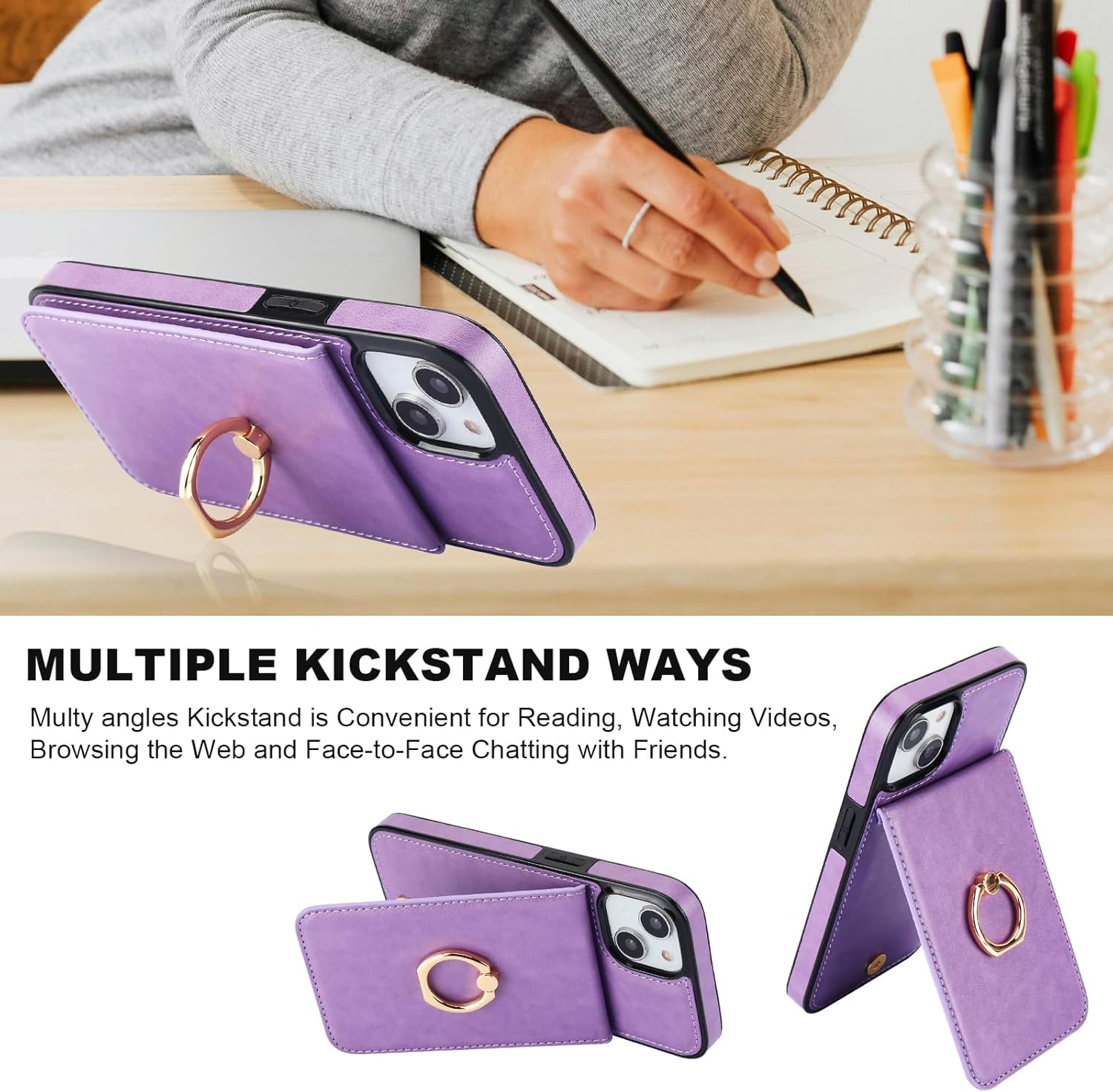 KIHUWEY for iPhone 13/14 Case Wallet Compatible with MagSafe Wireless Charging, Credit Card Holder, 360° Rotation Ring PU Leather Magnetic Clasp Kickstand Heavy Duty Cover for 6.1 Inch (Purple)