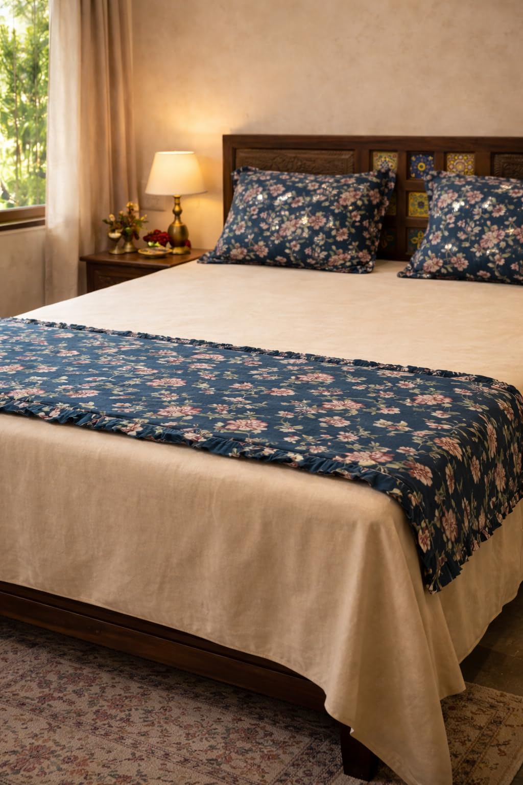 Midnight Iris Floral Bed Runner | Cambric Cotton with Voile Lining | Frill Borders-image-5