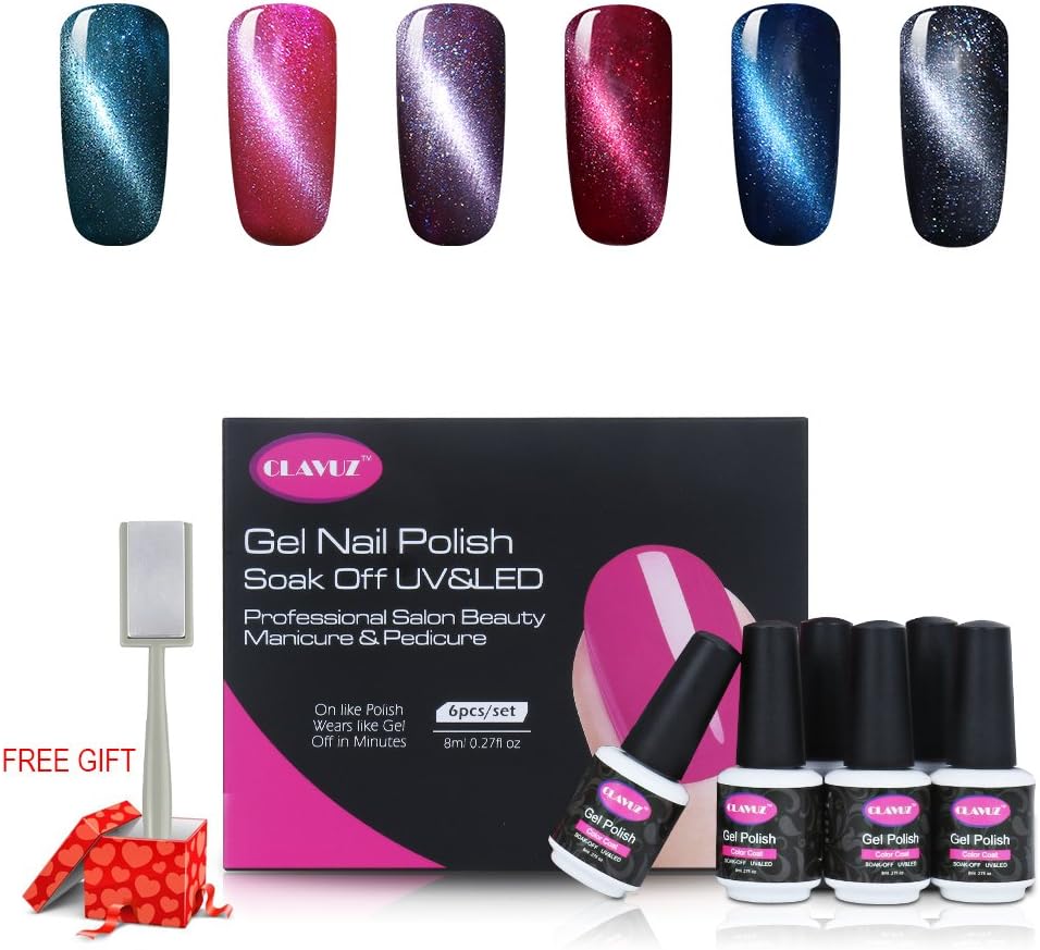 CLAVUZ Gel Nail Polish Set 6PCS Soak Off Magnetic Cat Eye 3D Nail Gel Polish with Free Magnet Sticks
