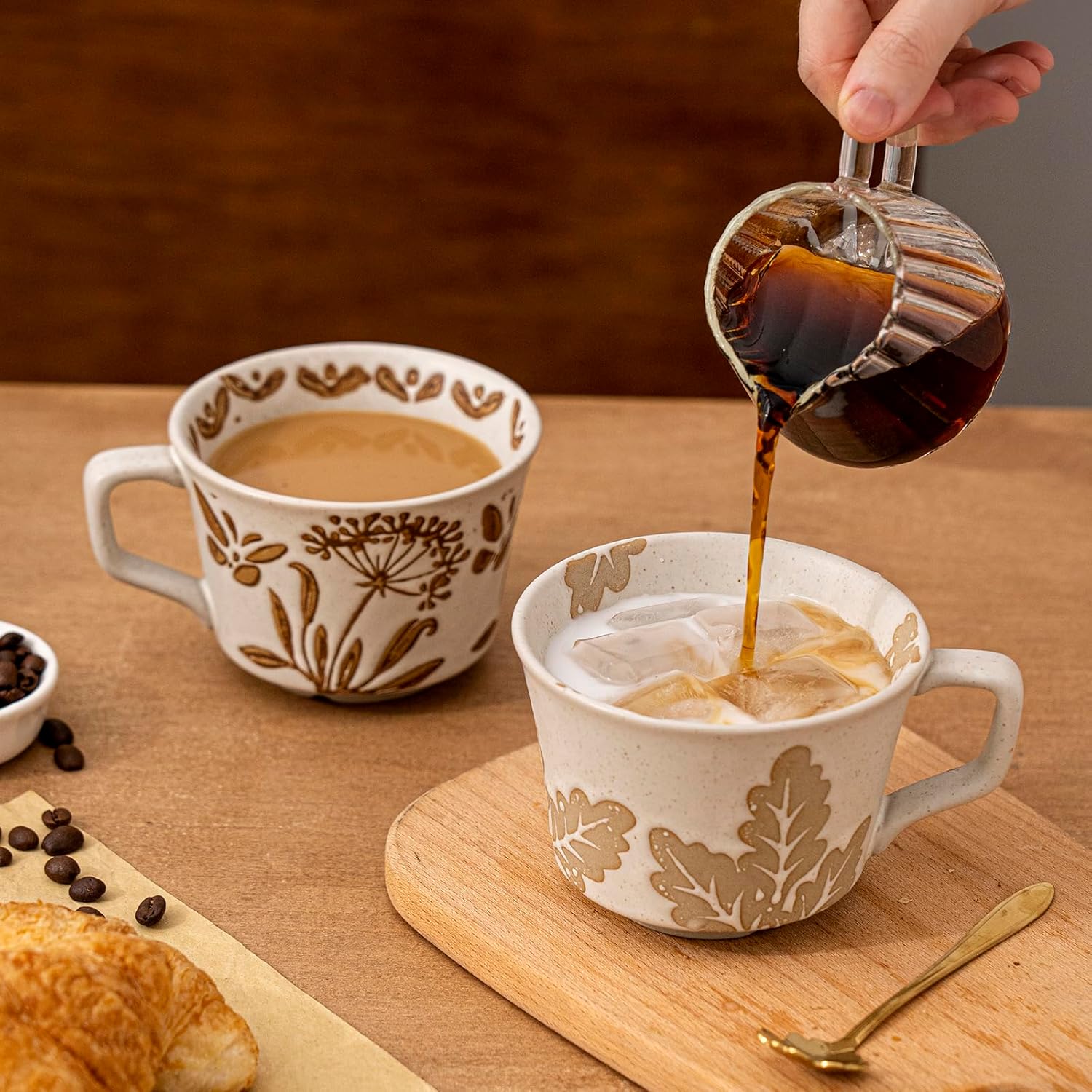 12OZ Ceramic Coffee Mugs Set of 4, Novelty Stoneware Tea Cups with Flower Spoon, Cute Mugs for Women Men, Suitable for Hot Chocolate Latte Espresso, Dishwasher and Microwave Safe (4 Pack)