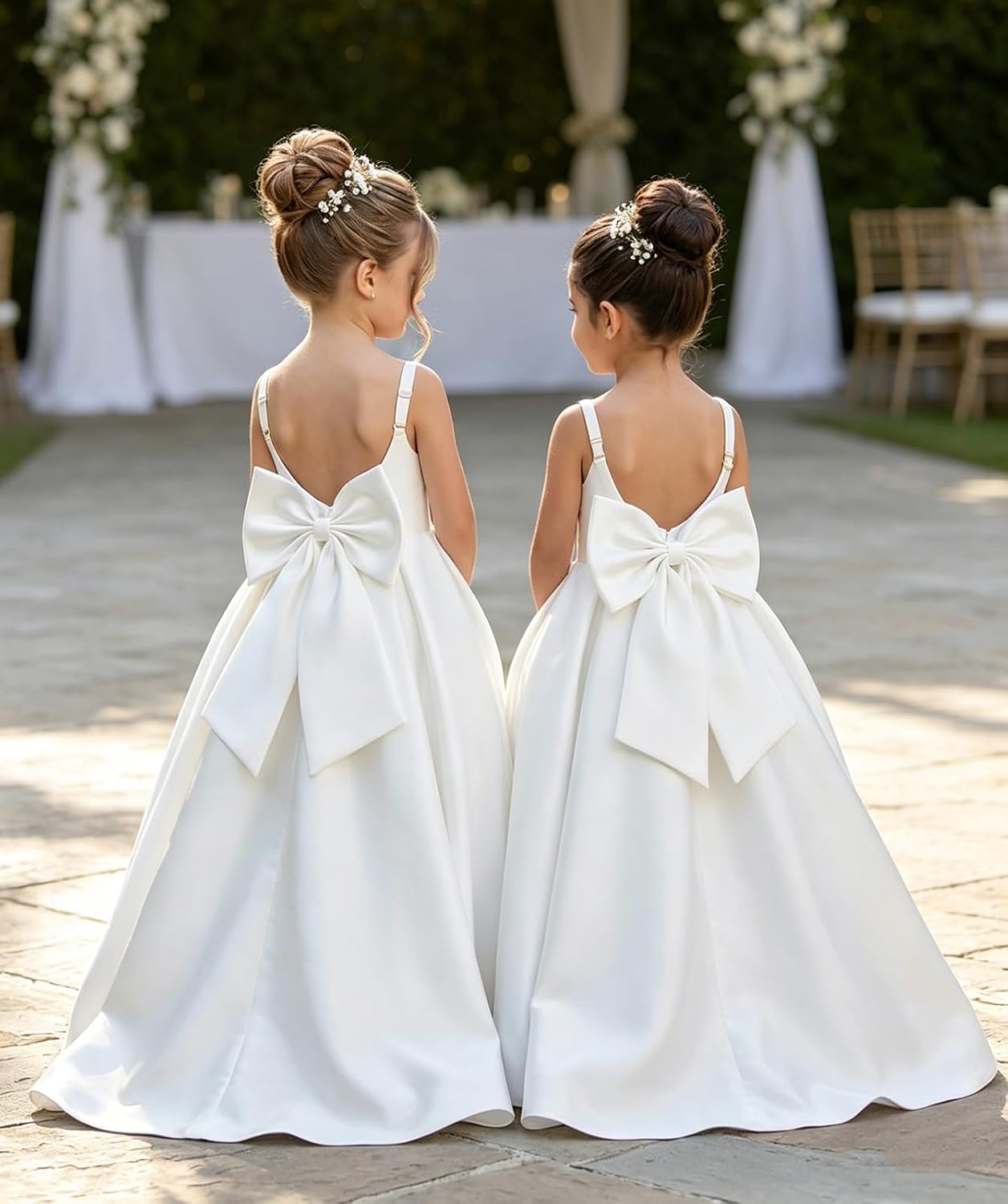 Satin Flower Girl Dress for Wedding Kids Princess Formal First Communion Dresses Pageant Ball Gowns with Bow