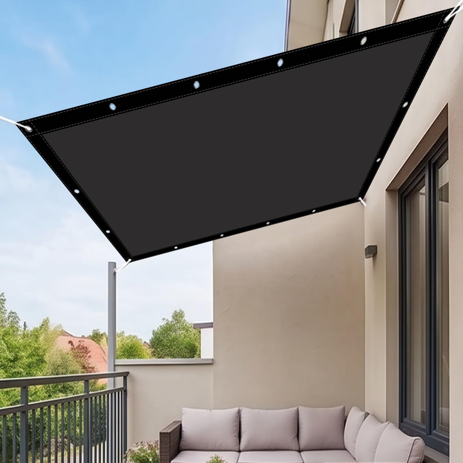 Sonnensegel Rechteckig mit Ösen 220 x 390 cm aus Hochwertigem PES Polyester Sonnensegel Balkon mit UV Schutz für Außenbereich/Terrasse/Balkon/Garten, Schwarz