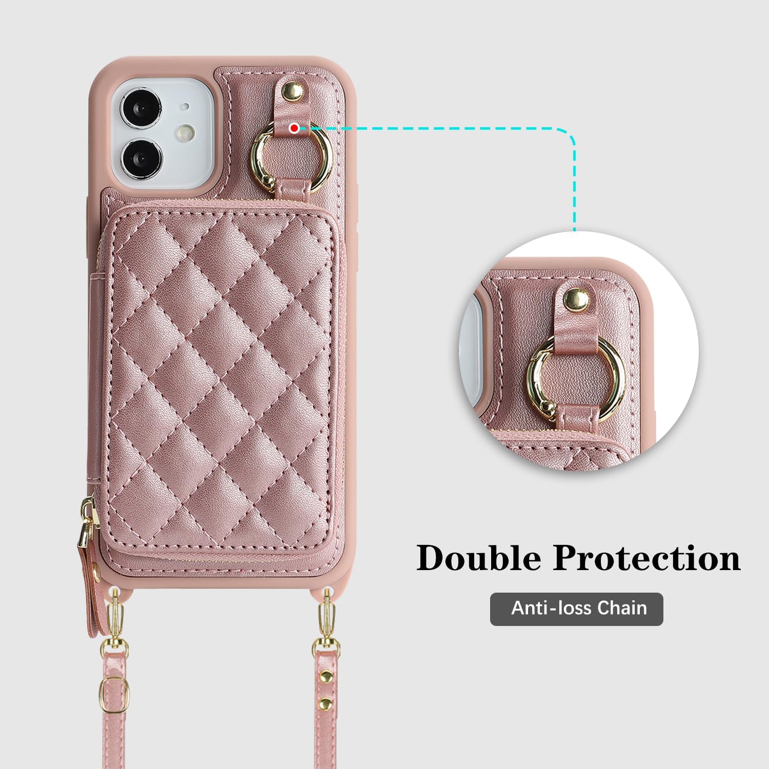 Cavor for iPhone 12 Wallet Case with Card Holder for Women Men, for iPhone 12 Pro Case with Strap, Crossbody Lanyard Phone Case, Magnetic Detachable Compatible with Magsafe-Rose Gold