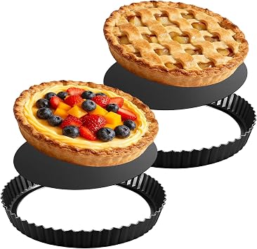 9.5 Inch Tart Pan Set of 2, Nonstick Baking Tray with Removable Loose Bottom, Carbon Steel Pie Pans for Oven Bake, Round Bakeware for Quiche, Mousse Cakes, Dessert