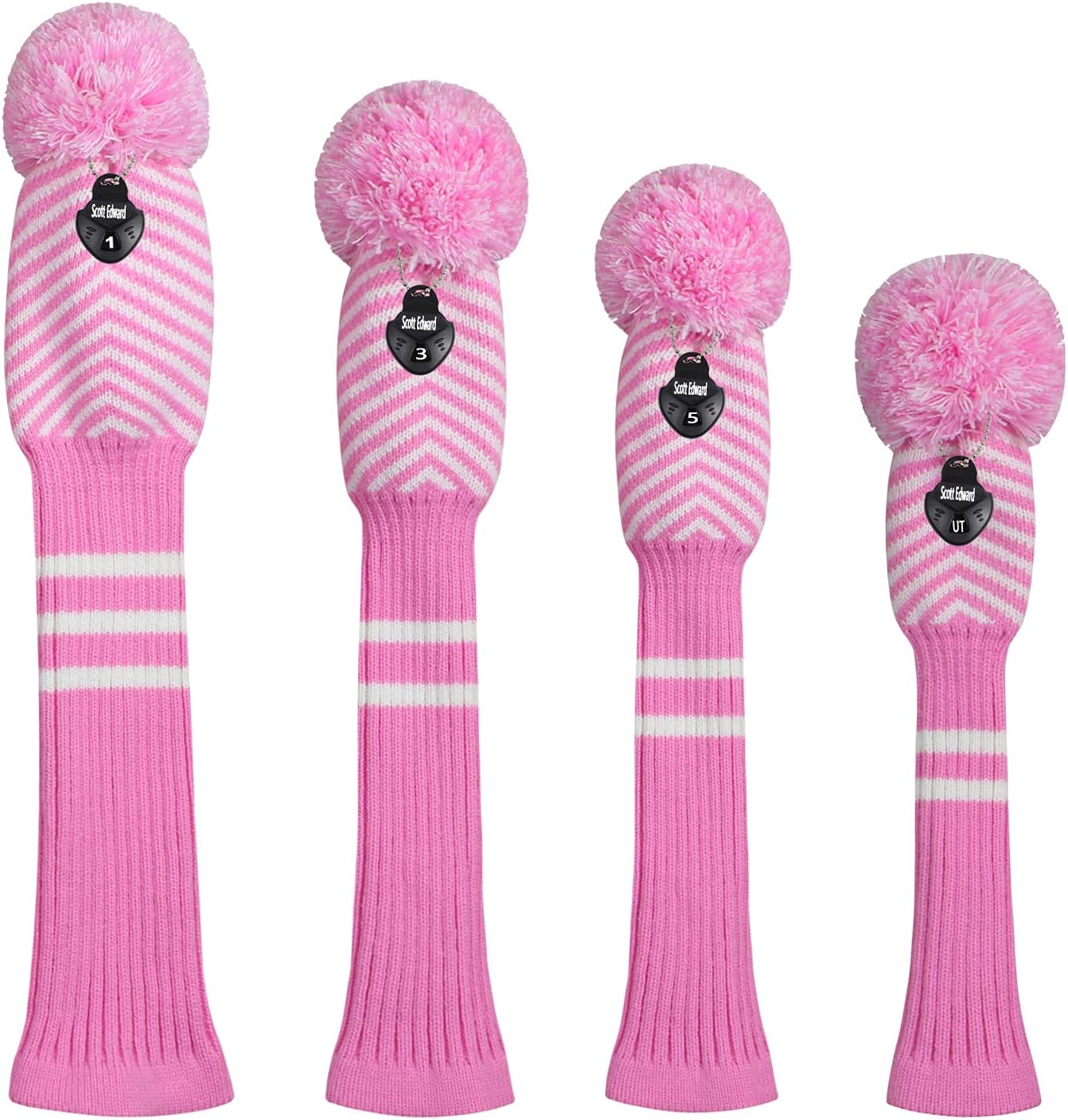 Scott Edward Knitted Golf Head Covers 4PCS Handmade Fit Well for Driver and Fairway Woods with Long Neck Pom Pom Golf Club Headcovers Set