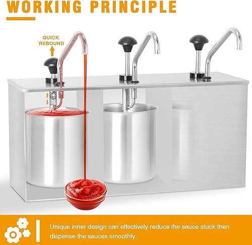 Miniatura 5 de Dispensador de bomba de condimentos de acero inoxidable de 11 cuartos de galón, estación de bomba de condimentos con 3 cubos de 3.7 cuartos de