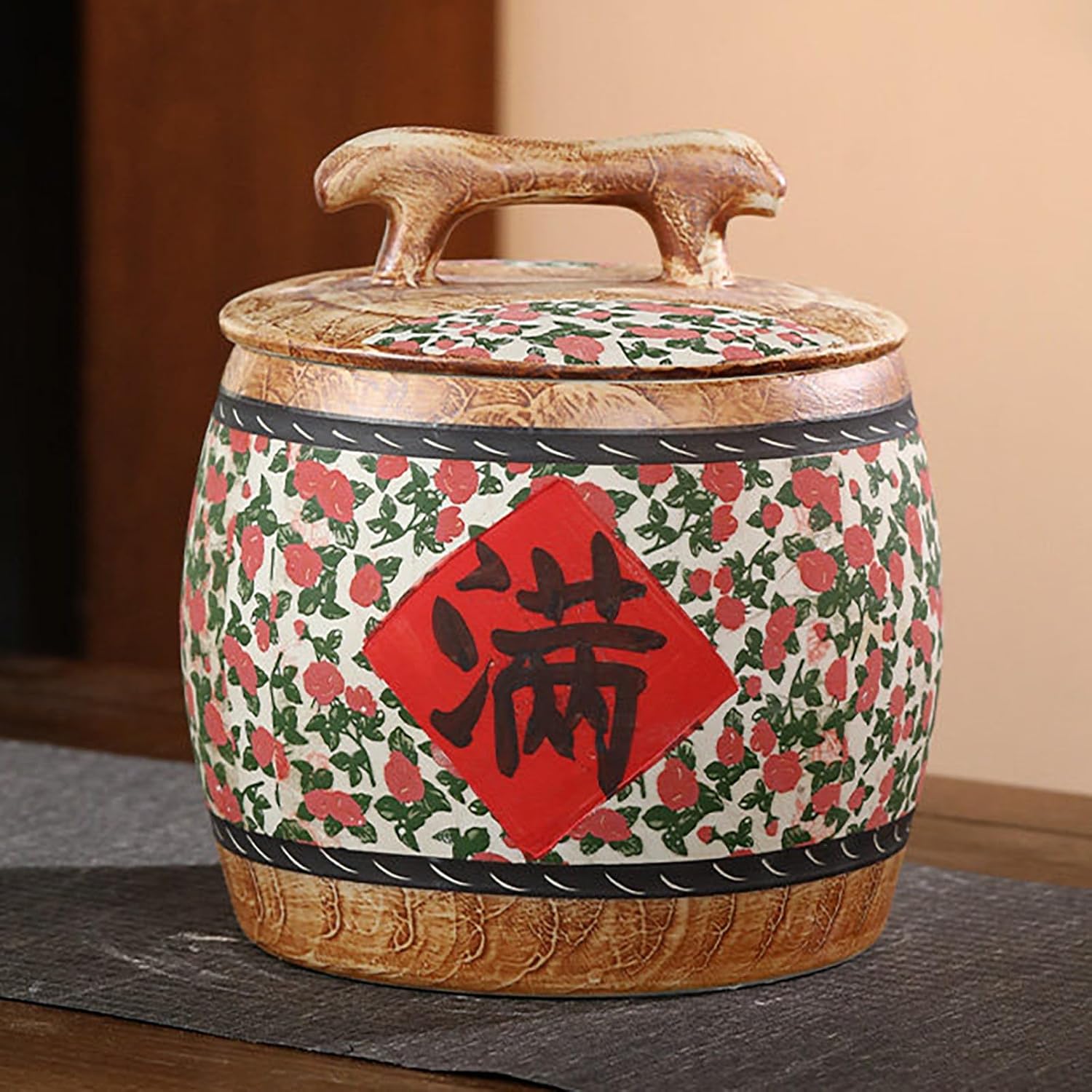 Ceramic Rice and Grain Storage Container, Ceramic Rice Jar with Lid, Household Airtight Storage Jars, Hand-carved Details Decorative Jar Cylinder for Coffee, Sugar, Tea(10kg)