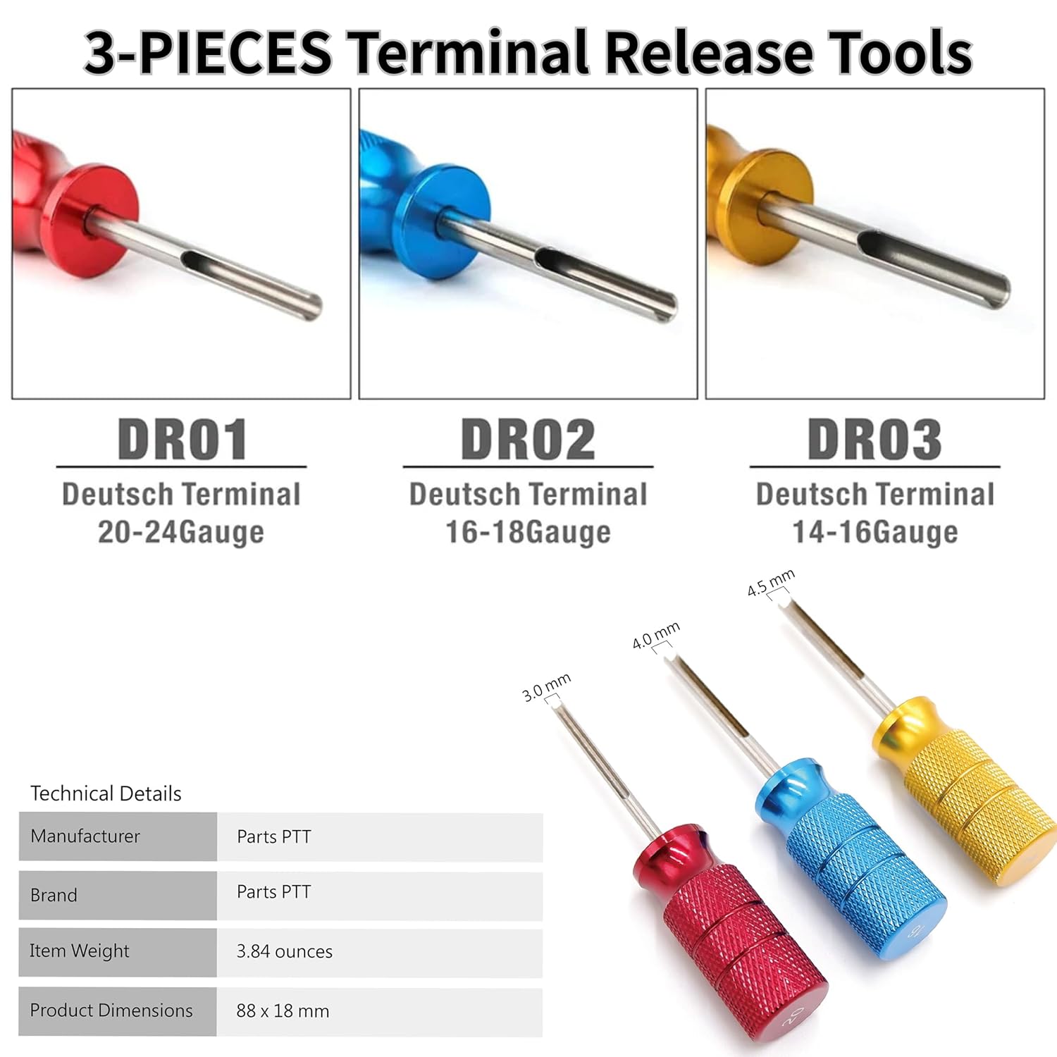 Deutsch Terminal Removal Key Tool, 14/16 / 20 AWG DT, DTM, DTP Terminal Release Tool Kit, 3 Pieces - Car Vehicle, Wiring Connector, Harness, Socket, Plugs, Pins, Mechanics