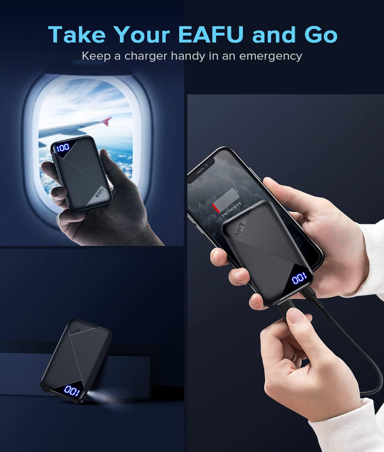 EAFU Portable Charger, USB C Slimmest & Lightest 3A Fast Charging LED Display 6000mAh Power Bank, Flashlight Battery Phone Pack for iPhone 12 11 Pro X 8 Plus AirPods iPad Samsung S20 S10 LG Google etc