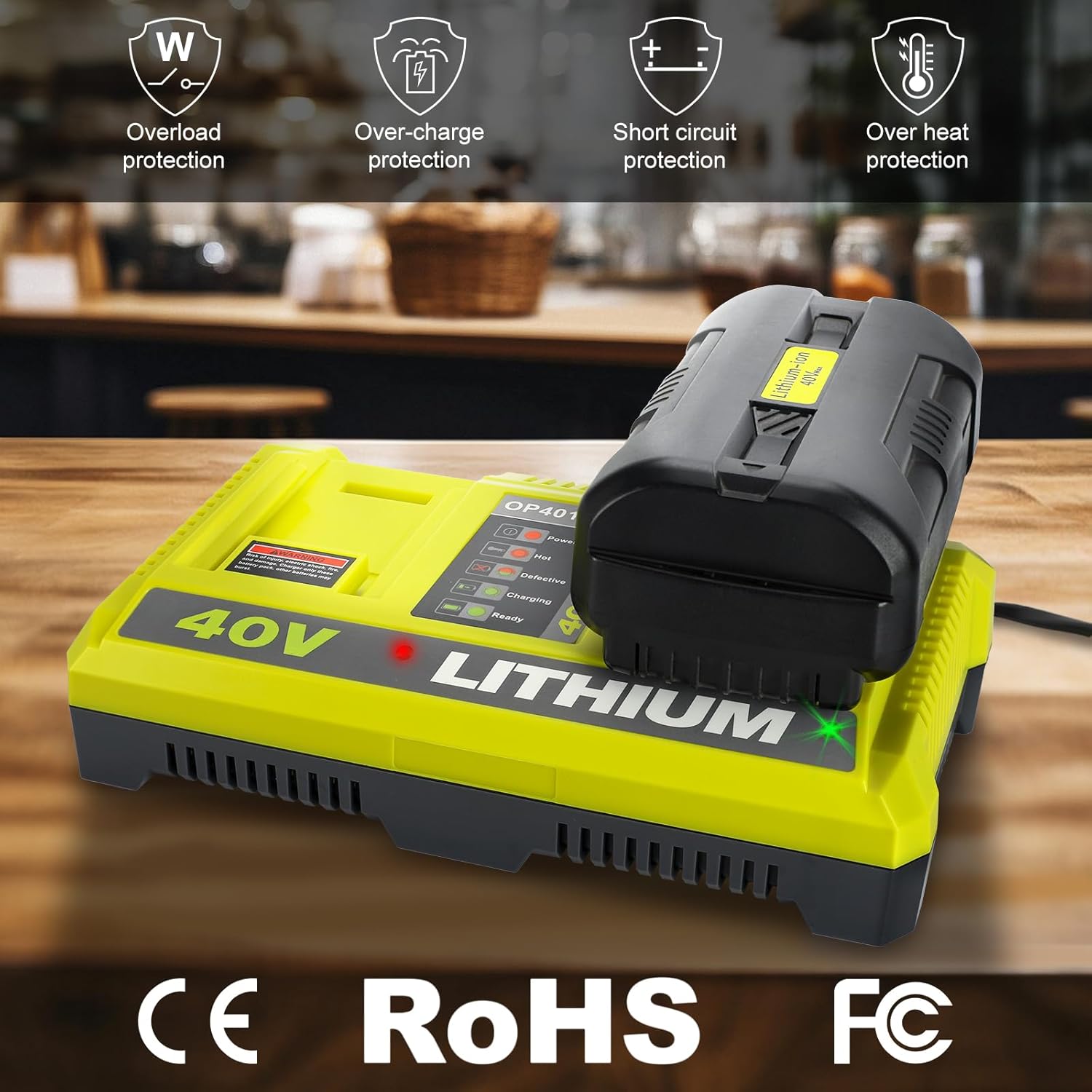 40 Volt Charger Compatible with Ryobi 40V Battery, Dual Port Replacement Charger Station for OP4040 OP4050 OP4050A OP40601 OP4026 OP4015 OP4030 40V Battery