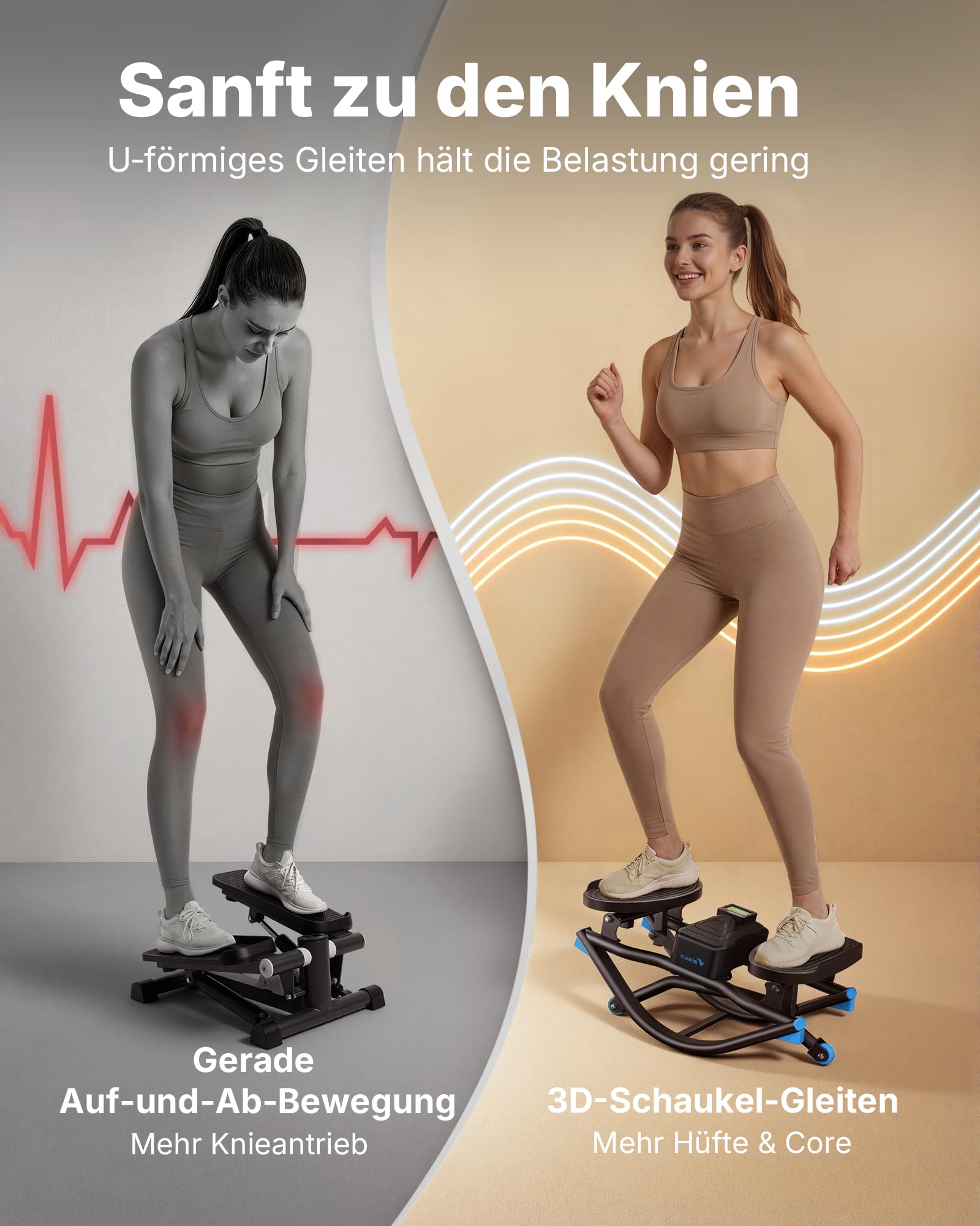 MERACH Low-Impact Rocking U-Shape Stepper mit Seitlicher 3D-Bewegung,Leiser Heimtrainer mit LCD-Display für Zeit,Schritte & Kalorien,rutschfeste Pedale,Platzsparend für Zuhause & Wohnung