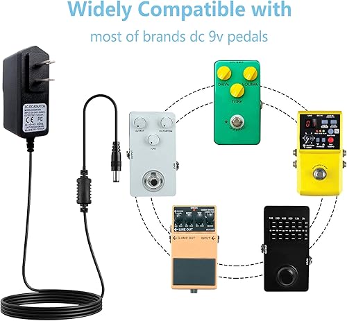 Miniatura 5 de Rockhouse Centro de fuente de alimentación de 9 V CC 500 mA negativo para pedales de guitarra Adaptador de cable de alimentación de CA de 9 voltios