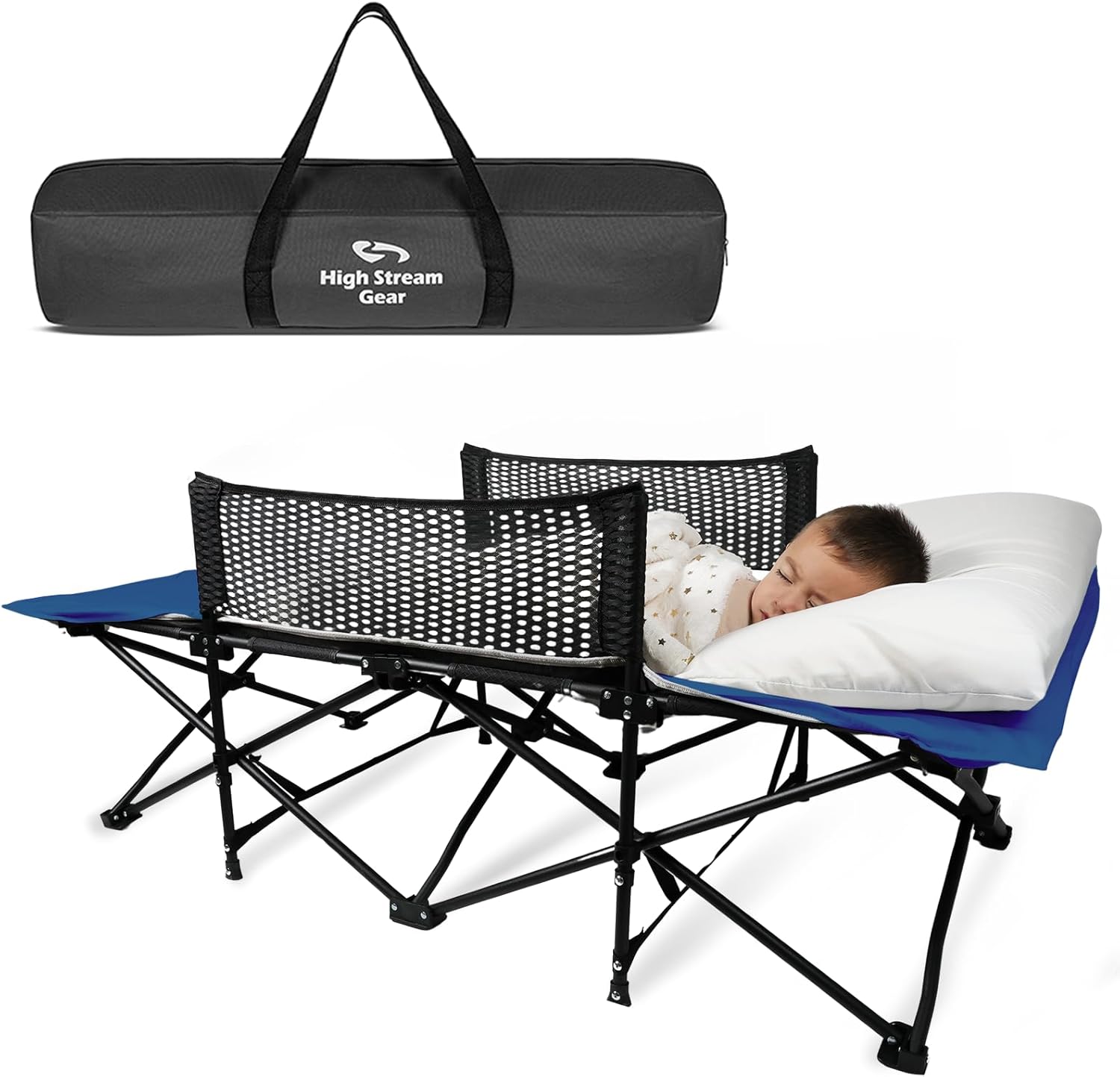 Toddler Cot Bed: Kids Travel Camping and Portable Folding Cot, Great for Outdoors and Young Guests at Home. Comfortable Sleeping Bed Easy to Store and Use (Blue)