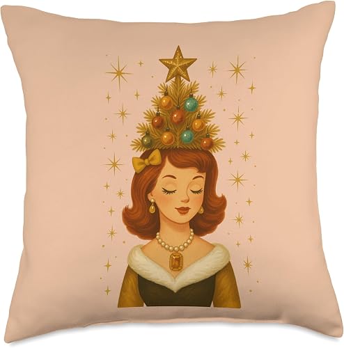 Vintage Lady Head Retro vase Christmas Throw Pillow