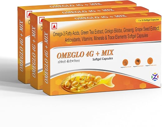 Omeglo 4G + Mix Omega-3 Fatty Acids with Green Tea, Ginkgo Biloba, Ginseng, Grape Seed Extract, 30 Softgel Capsules, Pack ...