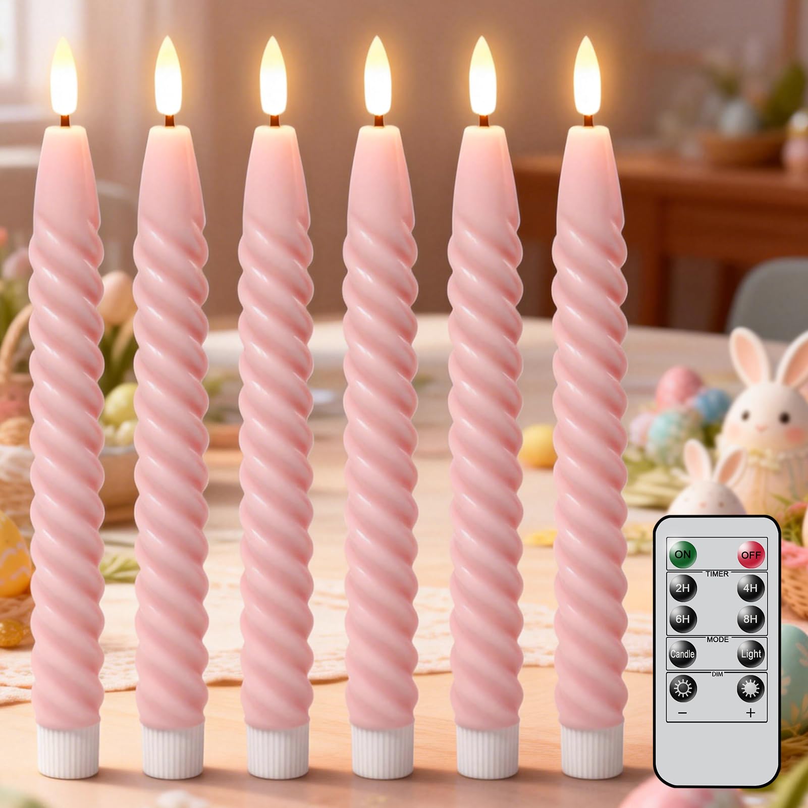 Lasumora A-Pink-6 Pink Flameless Taper Candles Flickering With Remote Timer