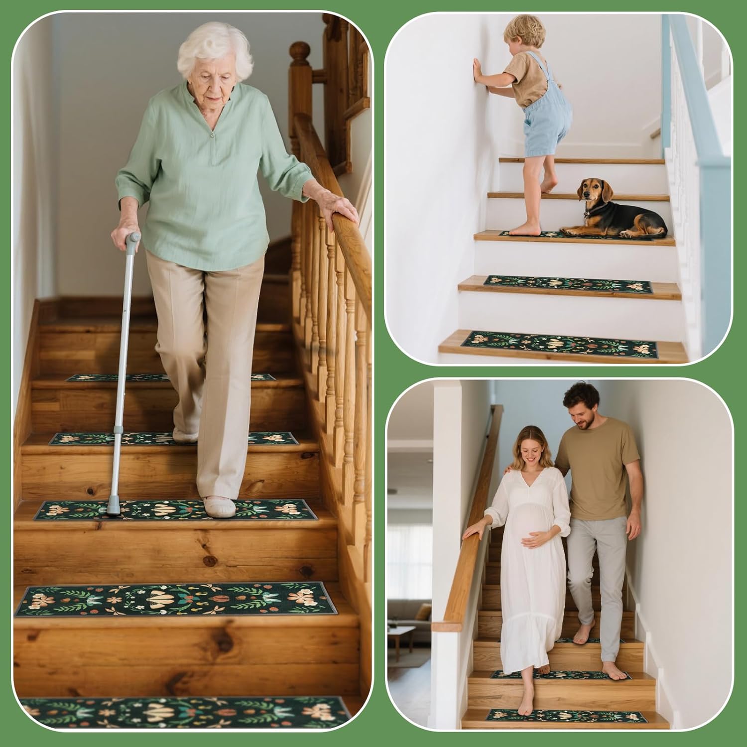 Non Slip Stair Treads for Wooden Steps - 15-Pack 8" x 30" Reusable TPE Adhesive Backing, Residue Free Stair Runner Carpet for Kids, Elders, Pets, Indoor, Dark Green